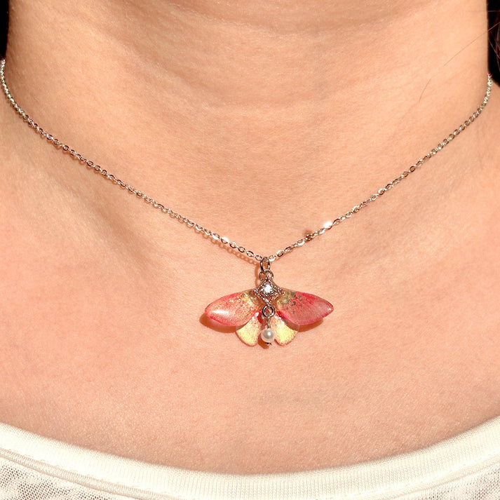 Rosy Maple Moth Necklace, Butterfly Wings With Pearl Jewelry, Insect Fairy Resin Moth Pendant, Gift For Her